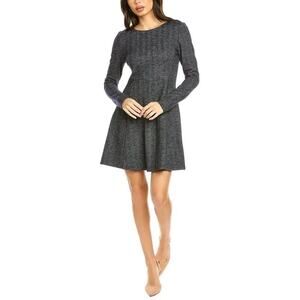 Theory Albita Wool Blend A-Line Long Sleeve Dress Blue Gray Herringbone Size 8